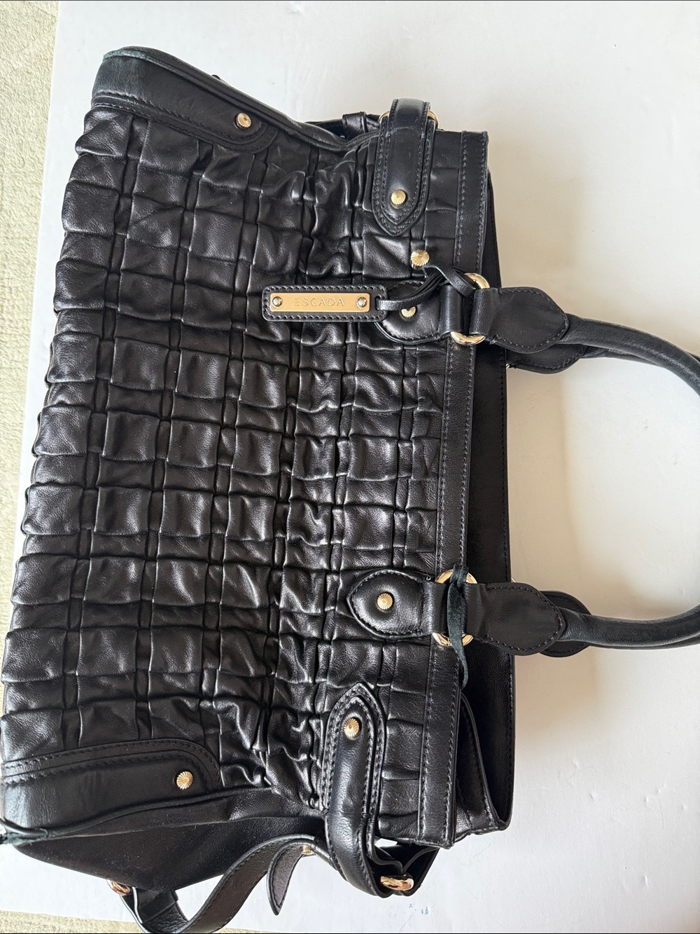 Escada Black Quilted Leather Tote with Gold Accents